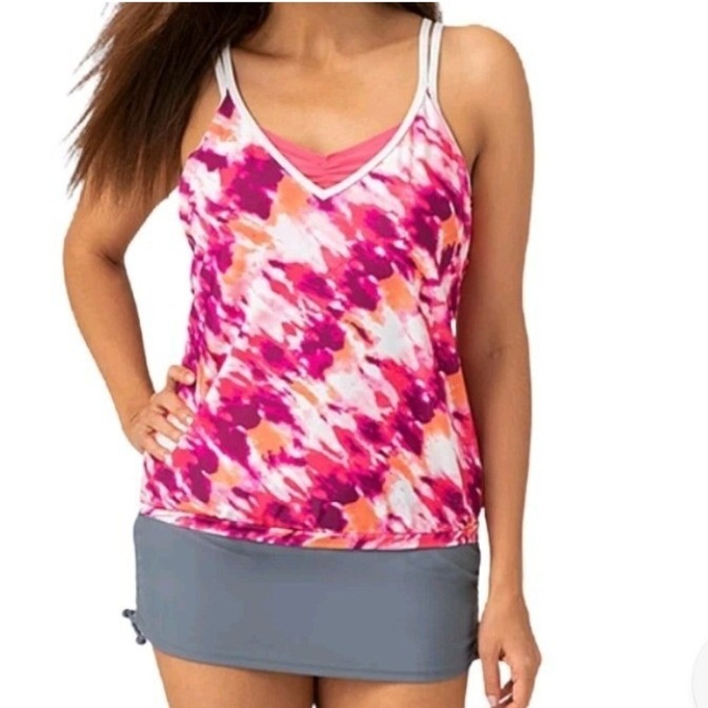 Free Country Tankini Swim Top Womens XL Pink Peony White NEW Tie Dye UPF 50